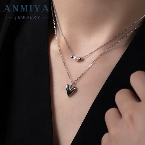 Fashionable Pearl Love Pendant 925 Silver Necklace Gold Plated Heart Double Layer Chain Necklace for Women Party Jewelry