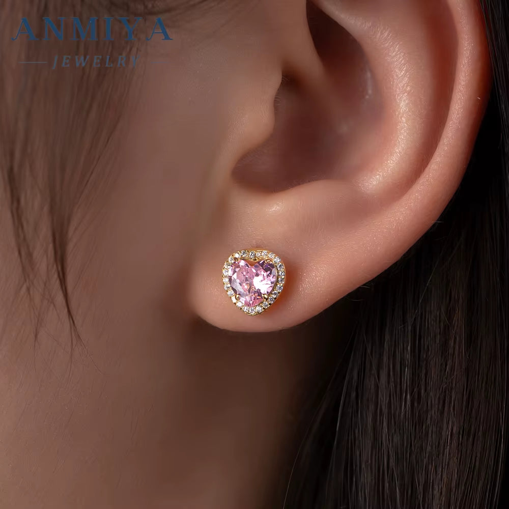 925 Sterling Silver Fine Jewelry Set Gold Plated Heart Stud Earrings Rings Necklace for Wedding Party Mother'S Day Perfect Gift