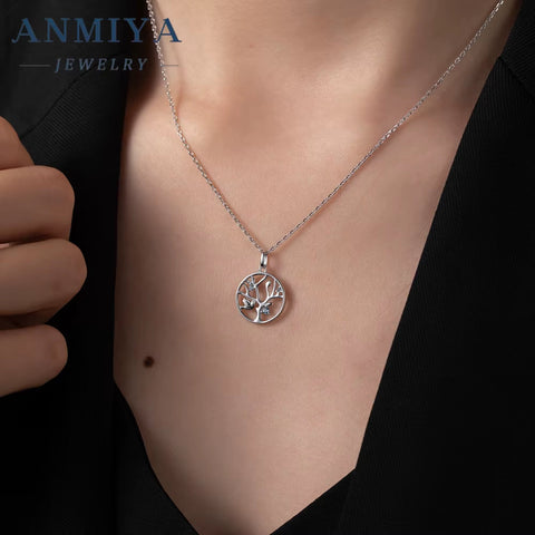 ANMIYA Trendy S925 Sterling Sliver Hollow Out Tree Necklace Jewelry Fashion Chains Necklaces