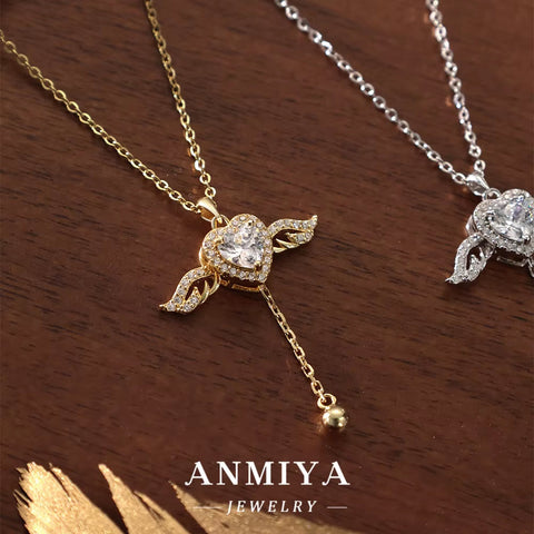 ANMIYA Cupid'S Heart 925 Sterling Silver Girl Angel Heart Zircon Gift Necklace for Girlfriend