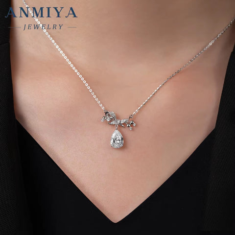 ANMIYA Custom High-End Luxury Women'S S925 Silver Water Drop Zircon Necklace with Bow Pendant