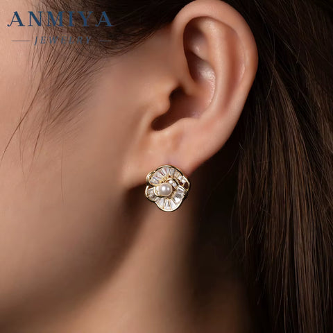 ANMIYA Customilzed 18K Gold Plated Flower Shape Fresh Water Pearls Earrings Necklace Jewelry Set for Girl