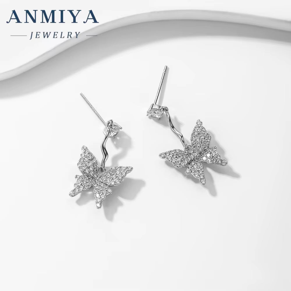 ANMIYA Dainty 925 Silver Zircon Butterfly Fine Jewelry Earrings for Girl Women