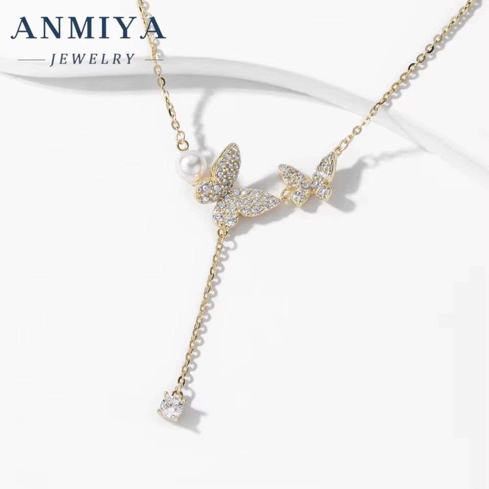 New Arrival Jewelry Natural Fresh Water Pearl Chocker Necklace Charm 18K Gold Chain Pearl Pendant Double Butterfly Necklace