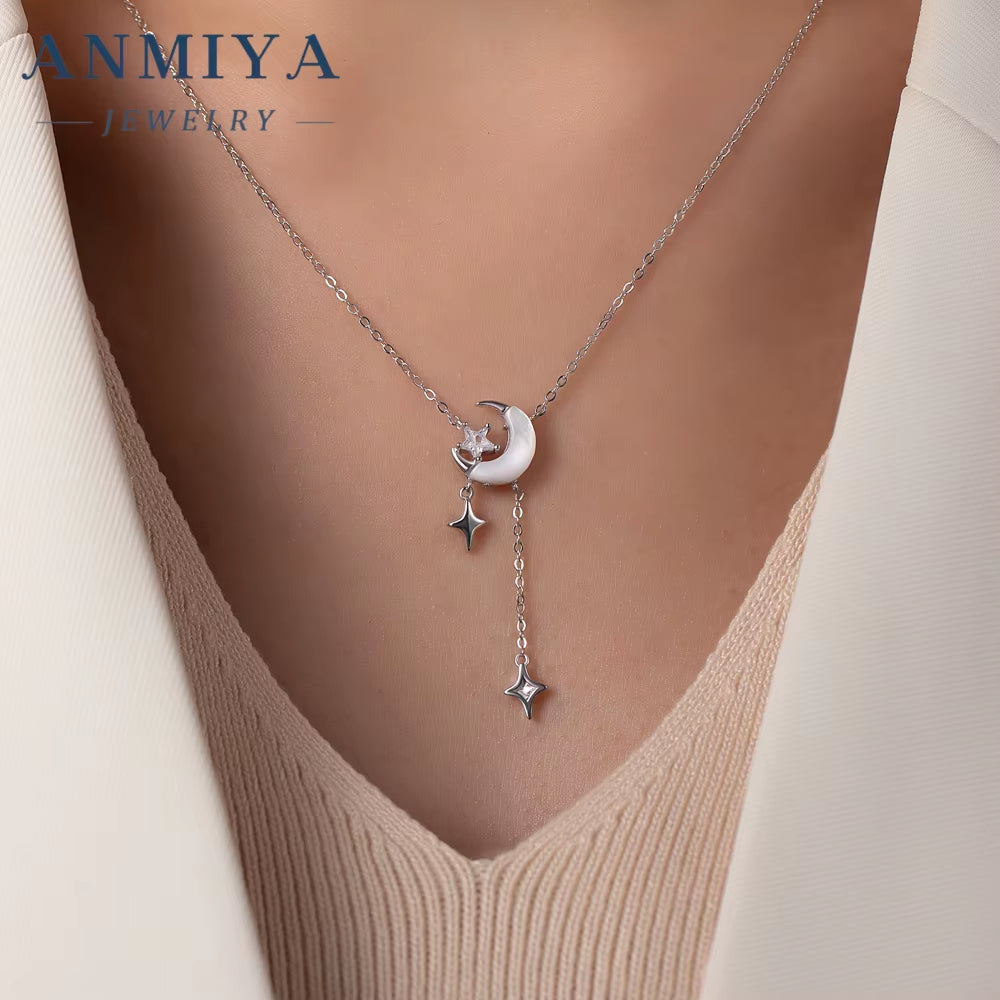 925 Unisex Fine Fashion Jewelry New Design Long Tassels Pendant Necklace with Star Moon Shape Featuring Zircon Stones