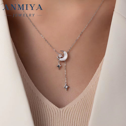 925 Unisex Fine Fashion Jewelry New Design Long Tassels Pendant Necklace with Star Moon Shape Featuring Zircon Stones