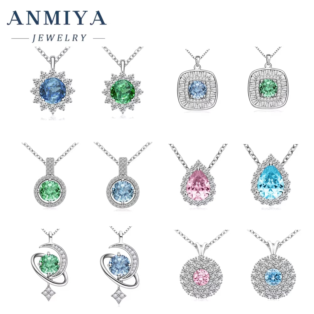 ANIMIYA Ice Heart Cut Shape round Zircon Green Blue Diamond 925 Sterling Silver Fashion Jewelry Pendent Necklaces