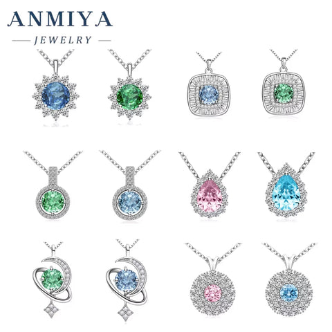 ANIMIYA Ice Heart Cut Shape round Zircon Green Blue Diamond 925 Sterling Silver Fashion Jewelry Pendent Necklaces