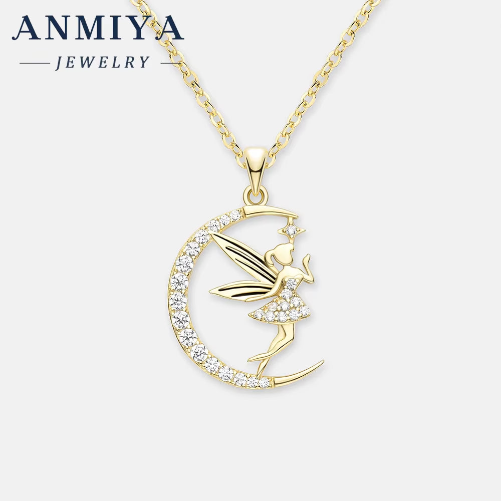 925 Sterling Silver Unisex Friendship Pendant Trendy Fashion Jewelry Necklace Zircon Iced Elfin Fairy Moon Angel Necklace