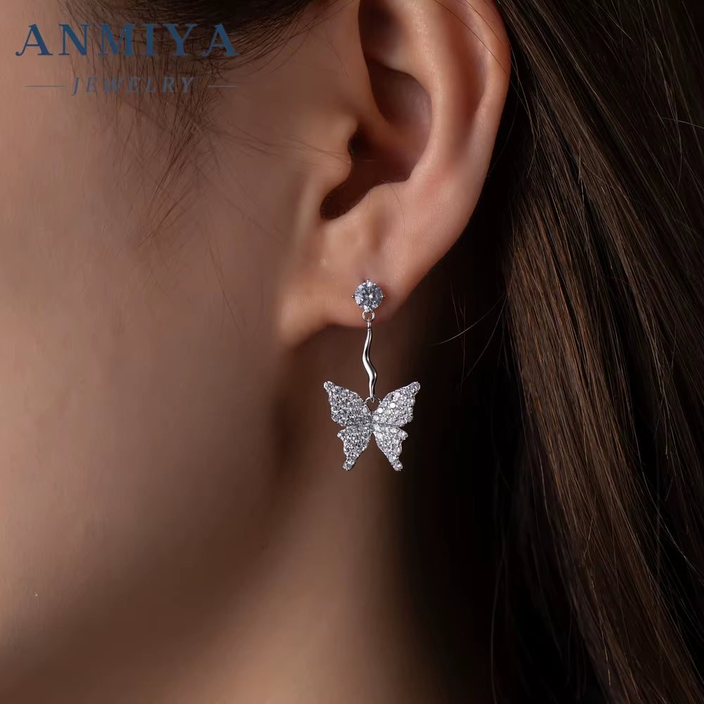 Super Shining Full Zircon Butterfly Stud Earrings Sweet Girls 925 Silver Plated Rhinestone Crystal Women Earrings
