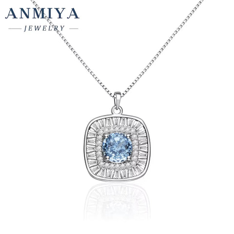 Luxury 925 Silver round Brilliant Cut Zircon Diamond Sapphire Square Necklace Jewelry for Women