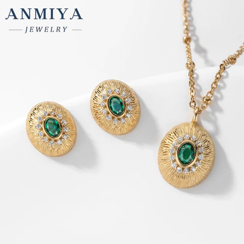 ANMIYA Waterproof 18K Gold Plated 925 Silver round Pendant Green Zircon Jewelry Set Necklace Earring Set