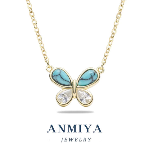 ANMIYA Women'S 925 Sterling Silver Butterfly Necklace with Turquoise Stone and Zirconia Link Chain Valentine'S Day Gift