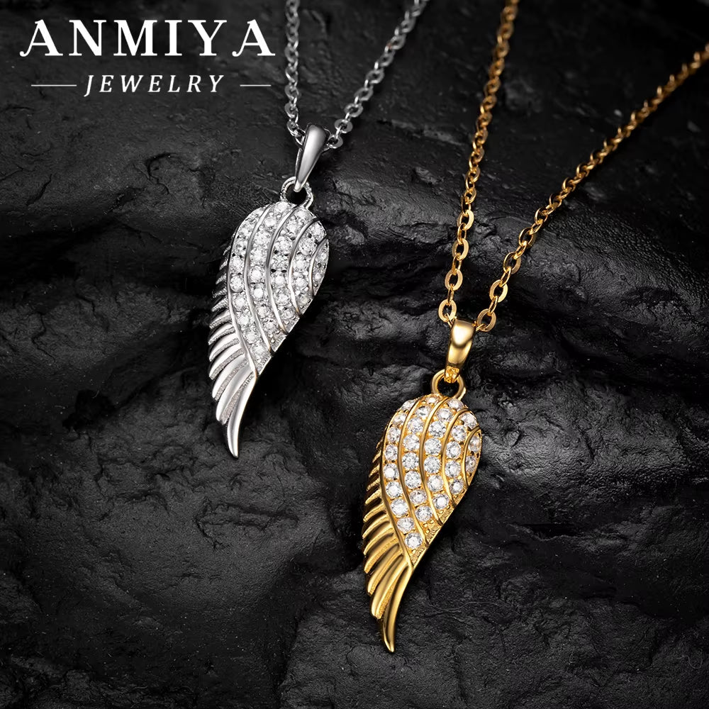 ANMIYA High Class 925 Sterling Silver Necklaces Cubic Zirconia Rhodium Plated Angel Wing Feather Necklace