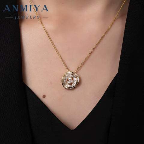 Gold Plated Freshwater Pearl Zircon Flower Pendant Necklace Stud Earrings Set Fine Jewelry for Women