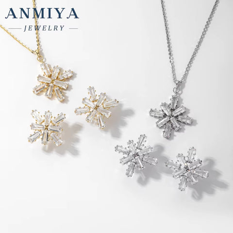 ANMIYA Full Colorful Cubic Zirconia Flower Pendant Necklace Hot Sale CZ Snowflake Pendant Necklace Earrings for Women
