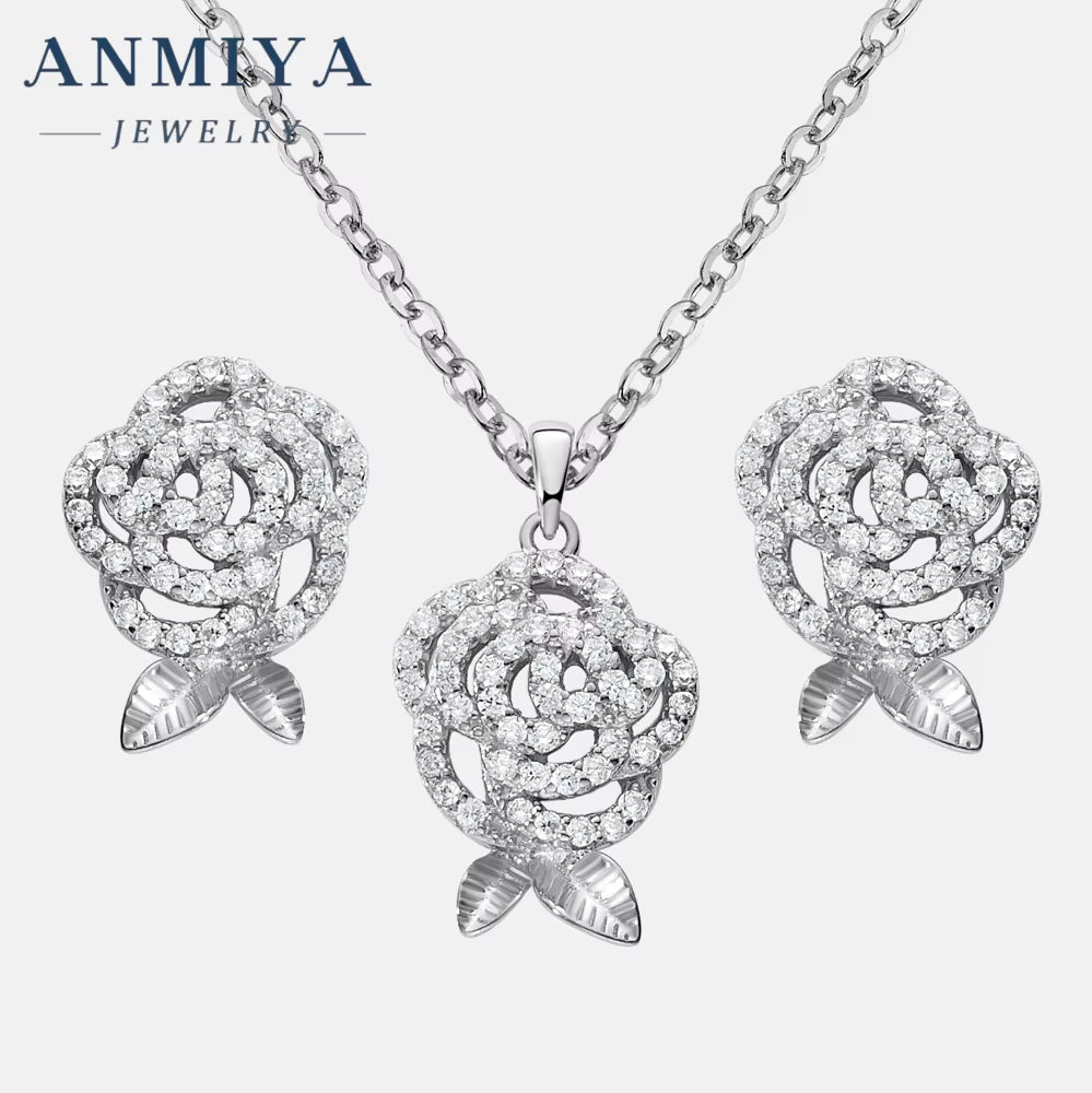 Fashion Luxury Flower Jewelry Set Zircon 925 Silver Zircon Flower Necklace and Earrings Women'S Wedding Party Jewelry