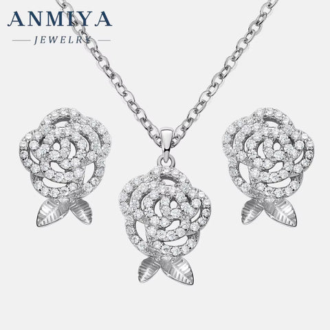 Fashion Luxury Flower Jewelry Set Zircon 925 Silver Zircon Flower Necklace and Earrings Women'S Wedding Party Jewelry