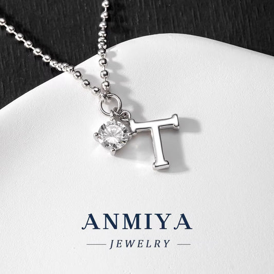 ANMIYA Wholesale 925 Sterling Silver T Letter Pendant Necklace with Zircon & Gold Plating for Women