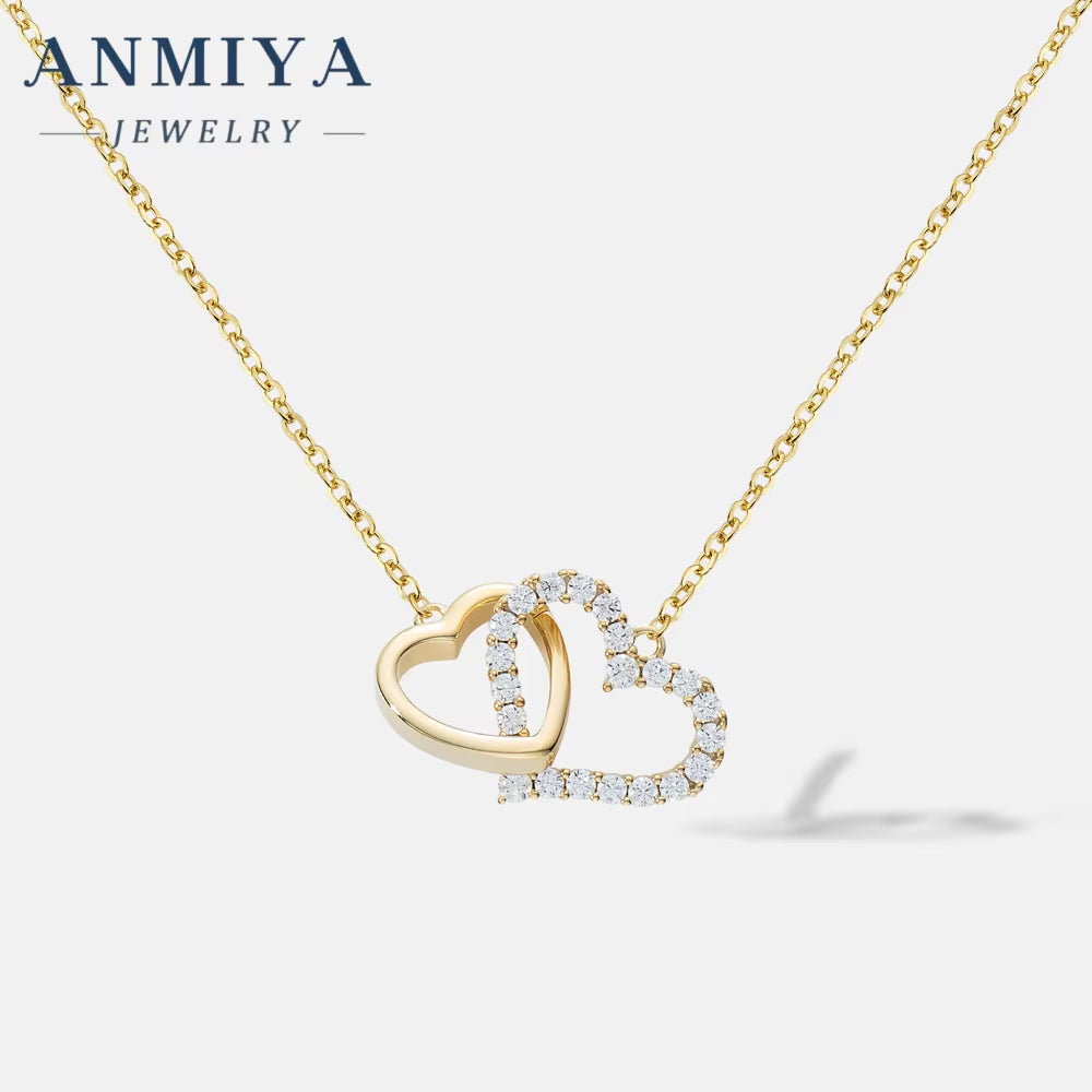 ANMIYA Women'S Wedding Necklace 925 Sterling Silver Heart-Shaped Pendant with Zircon Diamond 18K Gold Chains Jewelry