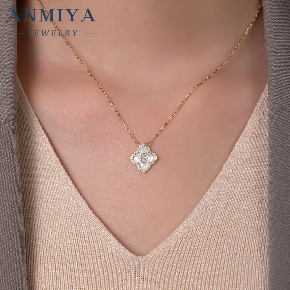ANMIYA Unisex 925 Sterling Silver Four Leaf Clover Pendant Necklace Customizable with White Shell and Zircon for Engagement