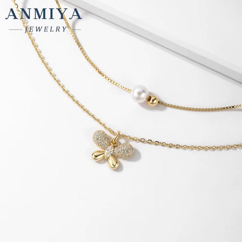 ANMIYA Women Multi-Layered Pearl Butterfly Zircon 925 Sterling Silver Valentine'S Day Charm Necklace for Women