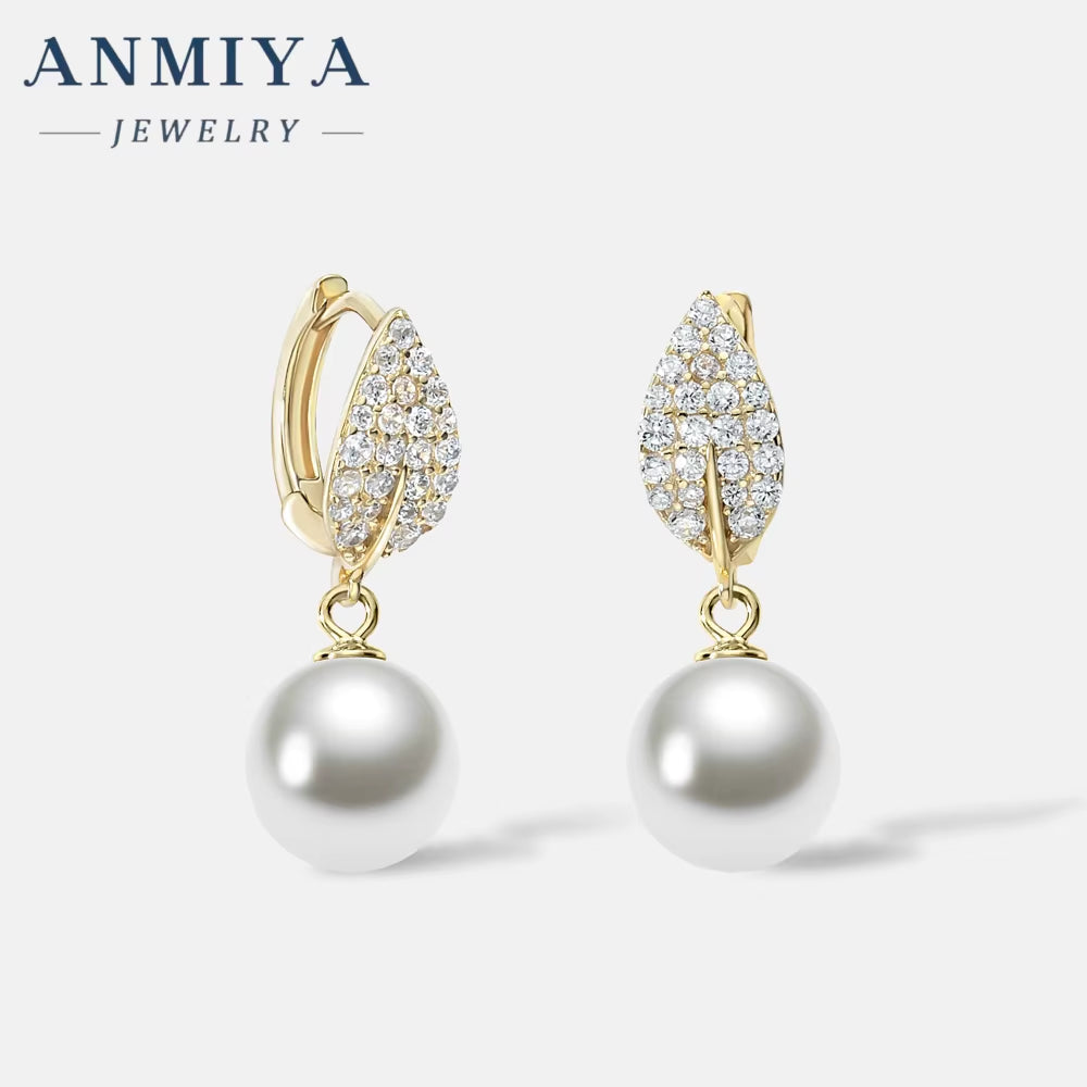 ANMIYA Dainty Gold Plated Hypoallergenic Zircon Leaf Stud Pearl Earrings Fashion Jewelry Gift 925 Silver for Women
