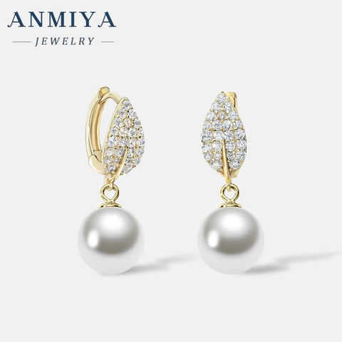 ANMIYA Dainty Gold Plated Hypoallergenic Zircon Leaf Stud Pearl Earrings Fashion Jewelry Gift 925 Silver for Women