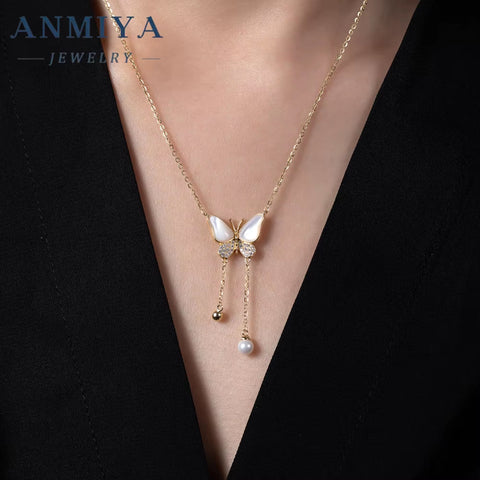 ANMIYA 925 Silver Gold Plated Fringe Link Chain Necklace Butterfly Zircon White Shell Pendant Fashionable Party Occasions Women