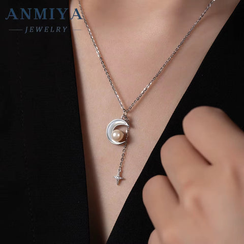 ANMIYA Adjustable Necklace Star and Moon with Freshwater Pearl Tassels 925 Silver Necklace for Women