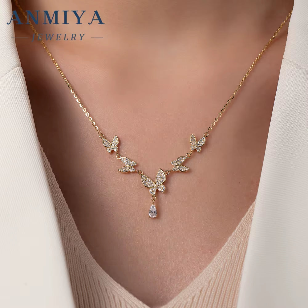 ANMIYA Fashion Jewelry Best Selling 925 Silver Butterfly Shape Shine Small Zircon Charm Necklaces for Women