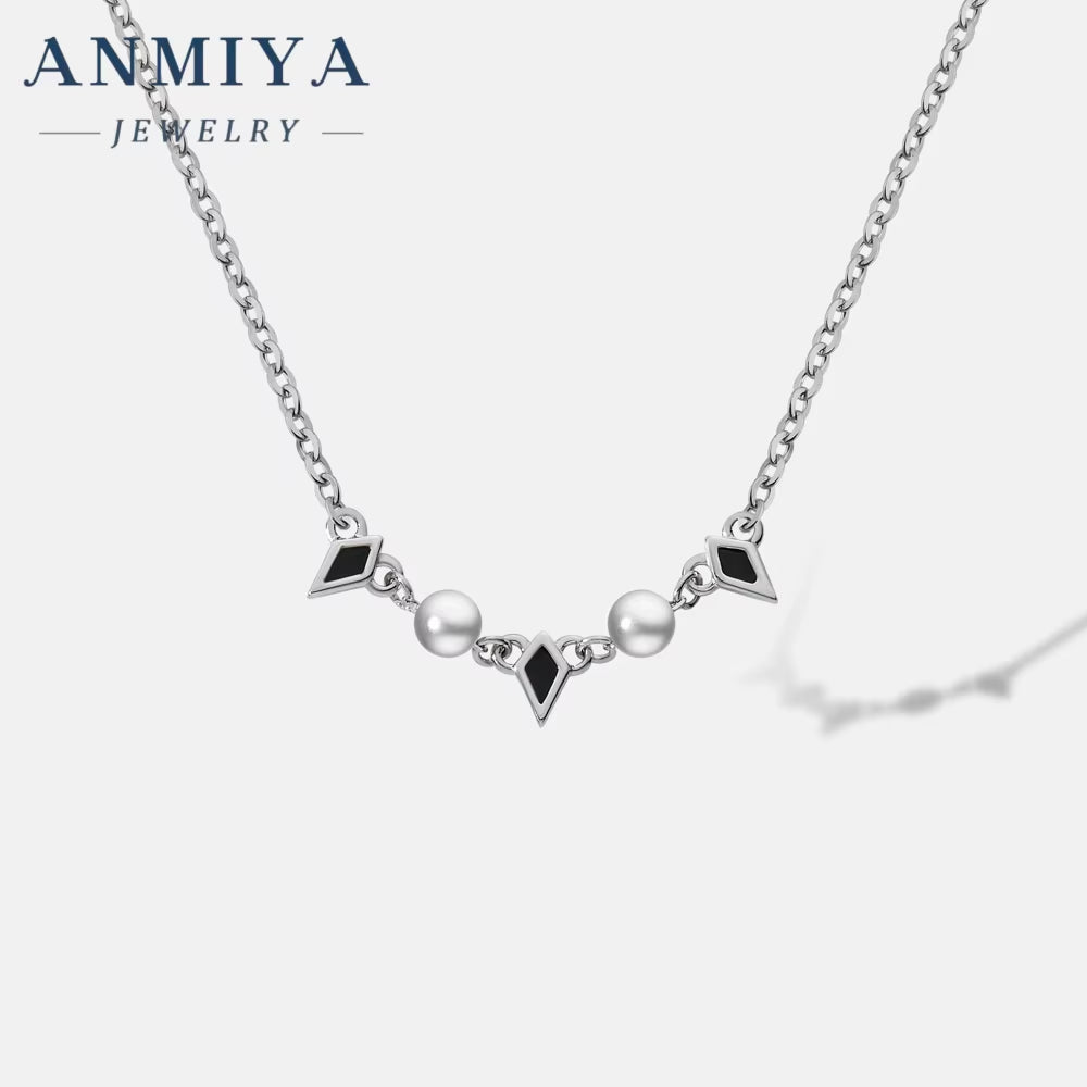 ANMIYA Fine 925 Silver Black Rhomboid Nature Fresh Water Pearl Necklace Jewelry Fashion for Women