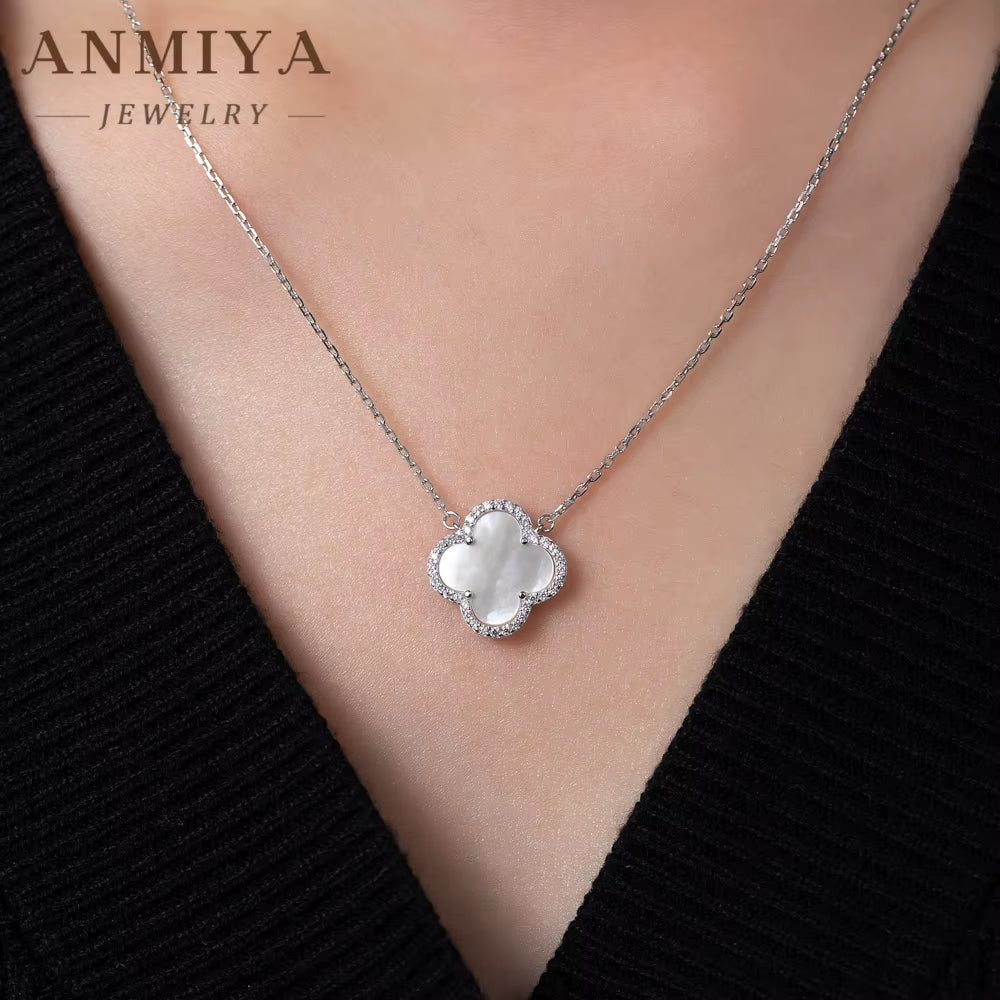 Wholesale White Gold Rhodium Plated Four Leaf Clover Necklace Earrings Jewelry 925 Sterling Silver Jewelry Necklace Set