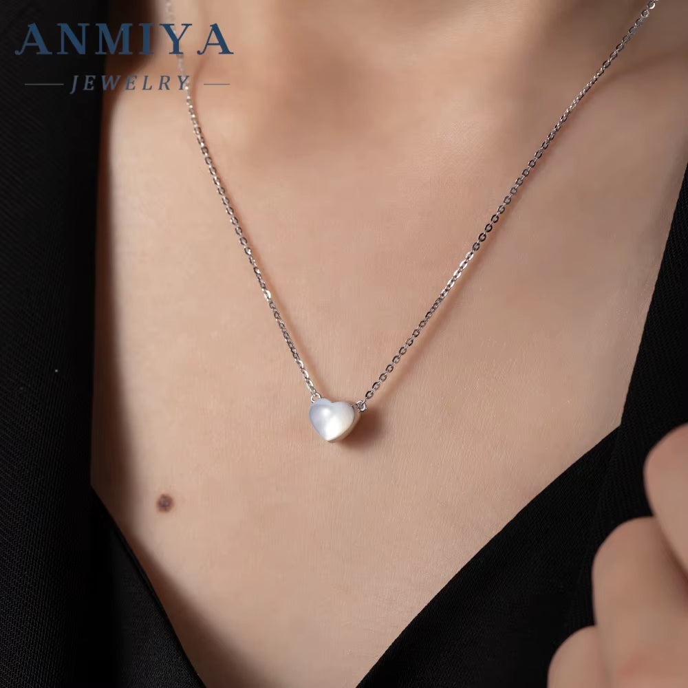 Dainty 925 Silver White Shell Heart Pendant Necklace Women Fashion Jewelry Charm Necklace for Women Girlfriend