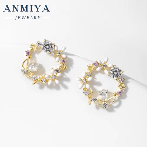 ANMIYA Best Selling Wholesale Flower and Zircon Garland Shape Zirconia 925 Silver Necklace Earrings Set for Women
