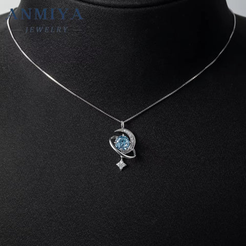 Custom Fashion Women'S Jewelry Blue Ice Cut Zirconpendant 925 Sterling Silver Star and Moon Necklace for Couple Necklace