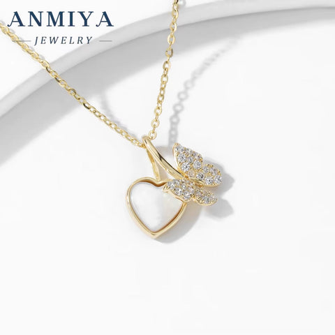 ANMIYA Custom 925 Sterling Silver 18K Gold Shiny High Quality Necklace Butterfly Heart Shape Trendy Zircon Necklace for Women