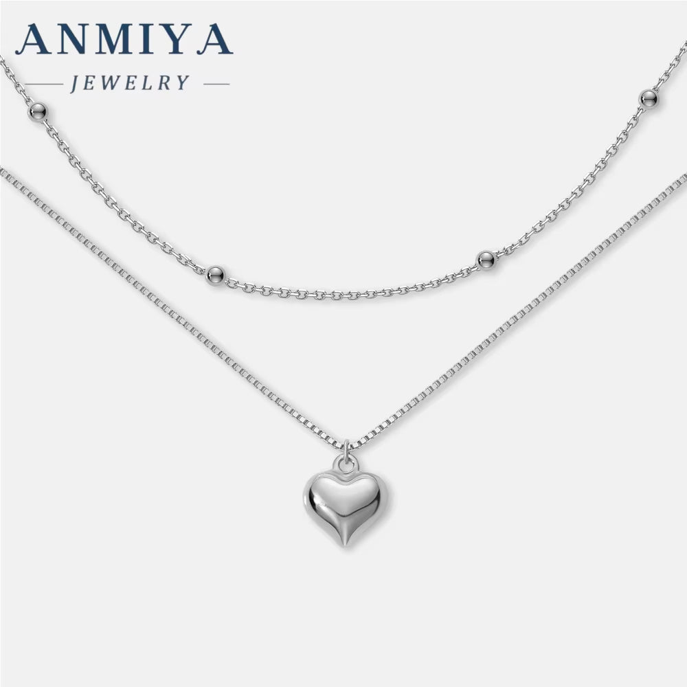 ANMIYA Fashionable Love Pendant Necklace Gold Plated Heart Double Layer Chain Necklace for Women Party Jewelry