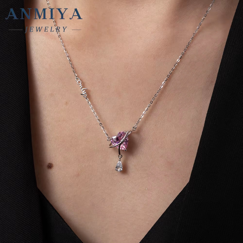 ANMIYA Fashion Jewelry Pink Heart Zircon Charm 925 Sterling Silver Necklace for Girlfriend Girl