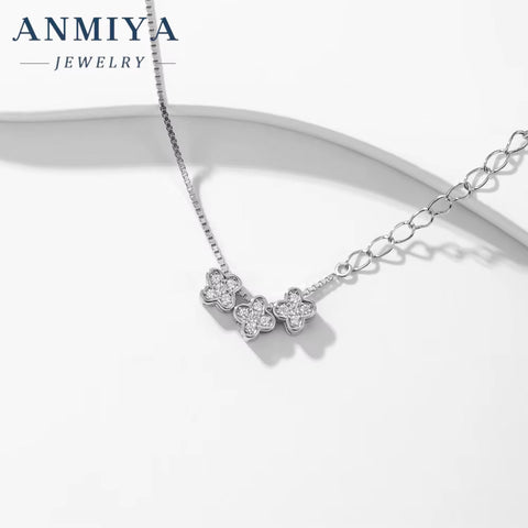 ANMIYA 925 Sterling Silver Fashion Zircon Plum Blossom Four Leaf Clover Silver Necklace for Bestfriend Jewelry Best Gift