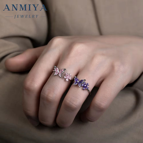 925 Sterling Silver Wholesale Butterfly Ring with Pink Purple Zircon, Bulk Flower Jewelry for Holiday Wedding, Anniversary Gifts