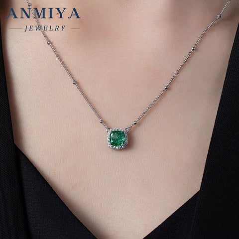 ANMIYA 925 Sterling Silver Cubic Zirconia Cushion Cut Fancy Green Diamond Pendant Necklace