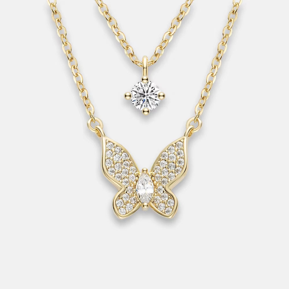 ANMIYA Women'S Double-Layer Diamond Butterfly Necklace with Collarbone Chain Elegant and Minimalist Pendant