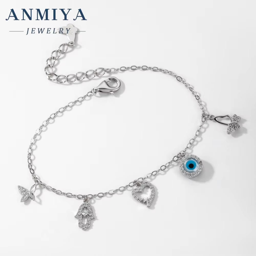ANMIYA Fashion Jewelry Ladies Fine Jewelry Sterling 925 Silver Bracelet Evil Eyes Butterfly Bangles