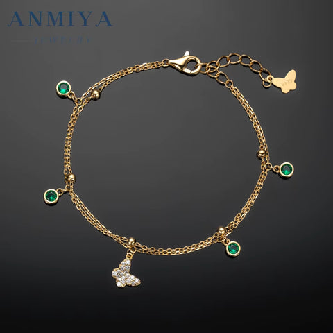 ANMIYA 925 Sterling Silver Chain Bracelet 18K Gold Butterfly Zircon Charm Bracelet for Women