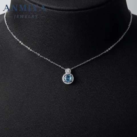 Round Shape Halo Design Silver 925 Chain Diamond Ice Cut Zircon Pendant Blue Necklace