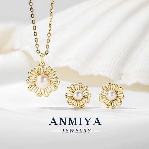 Luxury Necklace Earring Set Luxury Diamond Hollow Five Leaf Flower Pearl Charm Banquet Earring Necklace