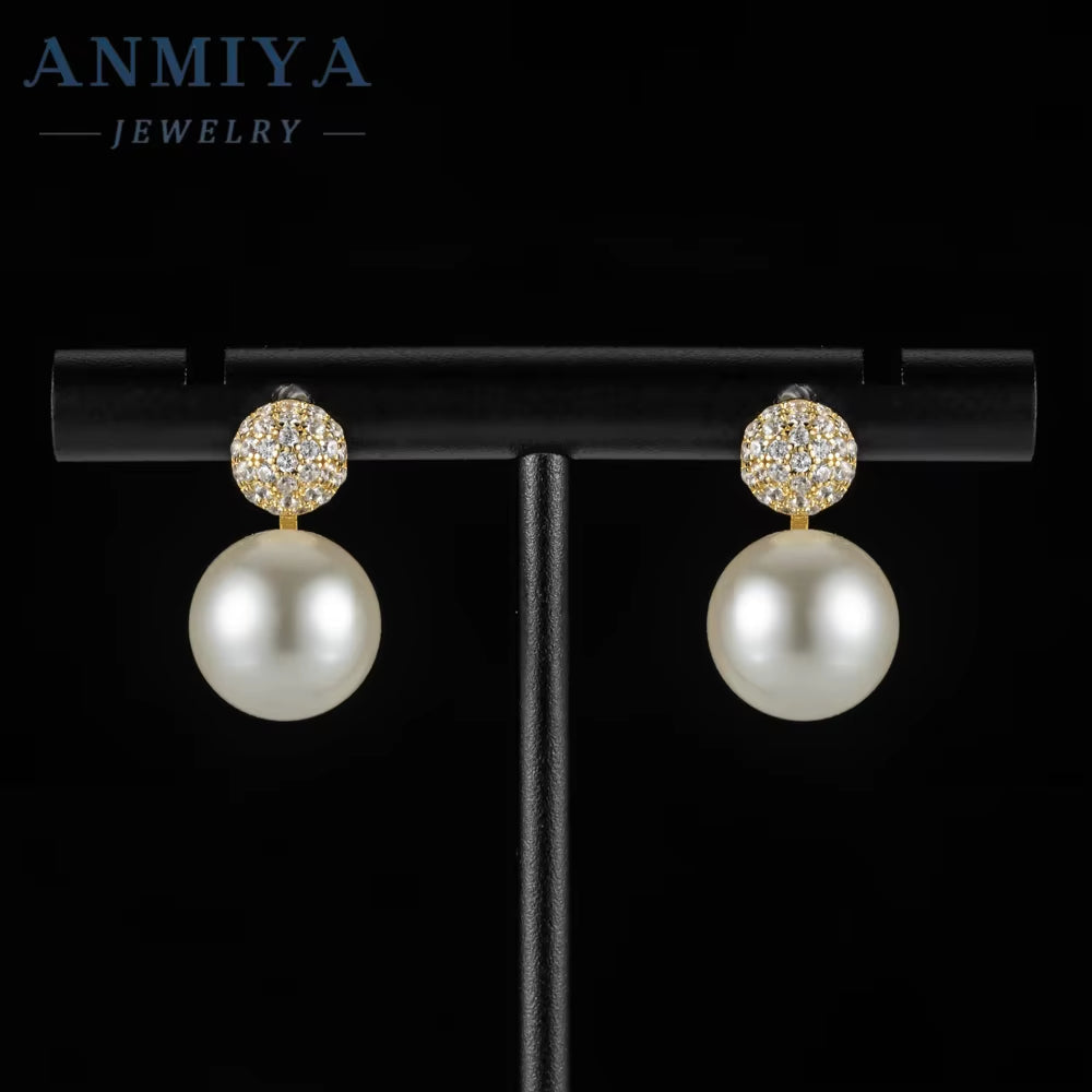 ANMIYA 14K Gold Plated Zircon Pearl Stud Earrings Set Fashionable Freshwater Pearl Earrings Earrings for Women