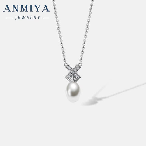 ANMIYA Crafted 925 Sterling Silver Designer Minimalist Fresh Water Pearl Zircon X Shape Fashion Pendent Necklace
