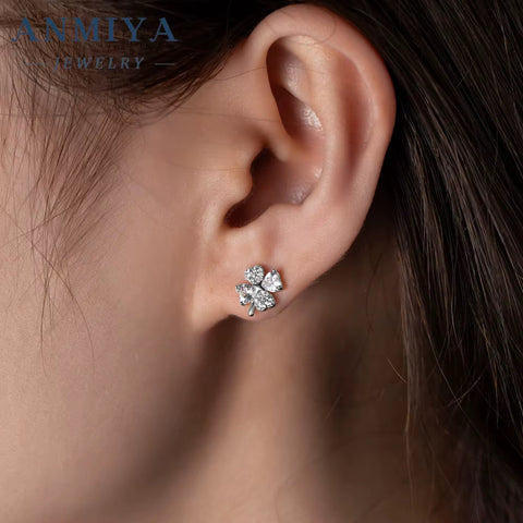 ANMIYA High Quality Summer 925 Silver Floral Rhinestone Diamond Clover Hypoallergenic Earrings